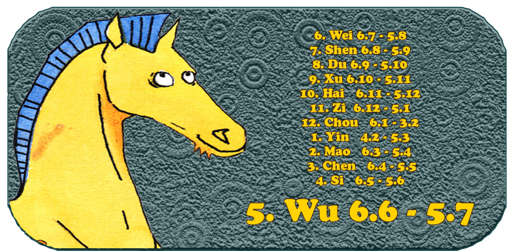 Zodiaco cinese | I dodici animali cinesi | Cavallo, giugno, mese 5, Wu